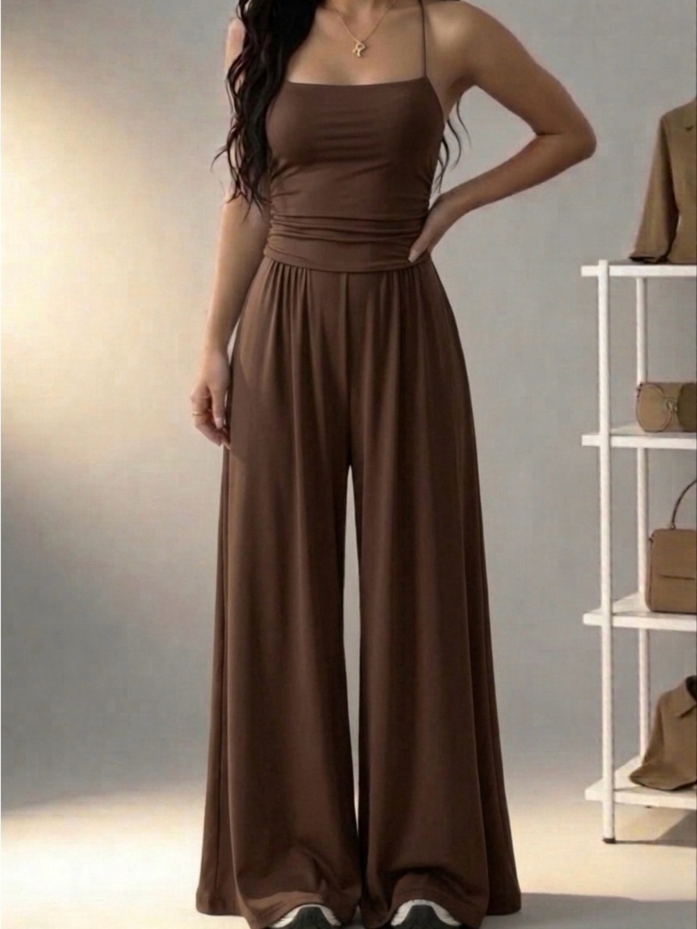 Brown Wide-Leg Jumpsuit with Spaghetti Straps